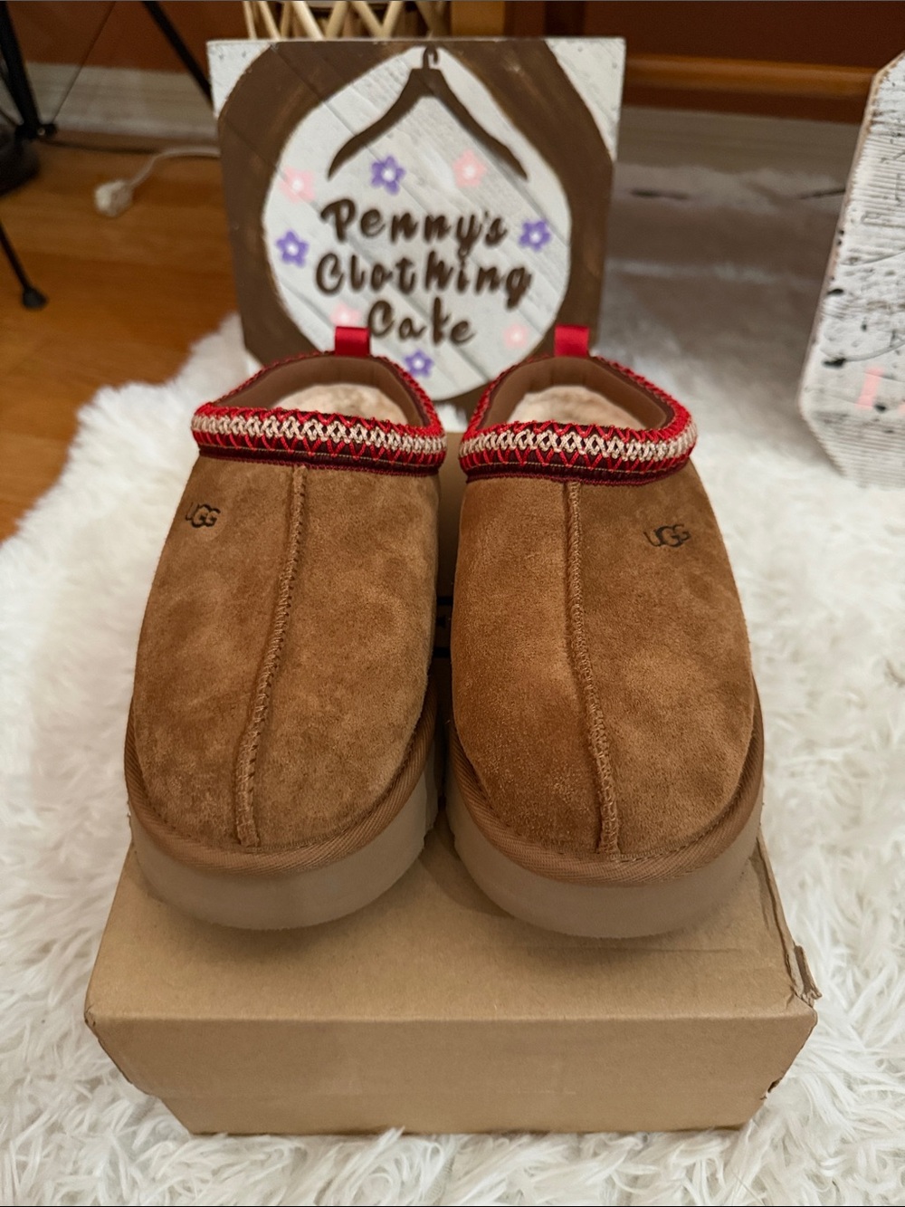 UGG Chestnut Suede Slip-On Mules with Red Trim